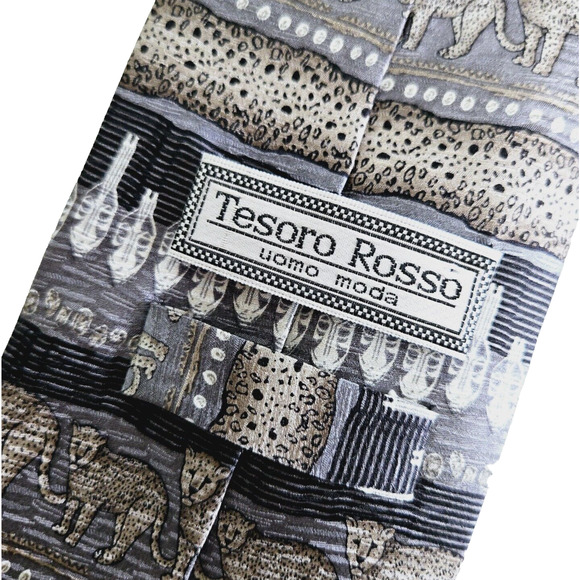 Vintage Tesoro Rosso Silk Tie Gray Leopard Cheetah Safari Aztec Tribal Jungle - Picture 5 of 9